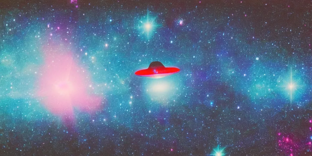 Prompt: polaroid photo of an ufo in a colourful galaxy, twinkling stars, cyan blue pink and red color bleed, slight lens glare