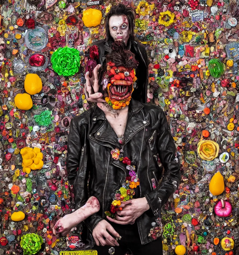 Image similar to bodyshot of a zombie punk rock teenager, leather jacket, ripped jeans, head made of fruit gems and flowers in the style of arcimboldo, basil wolverton, street art, action figure, clay sculpture, claymation, wide angle zoom lens, dramatic stage spotlight lighting