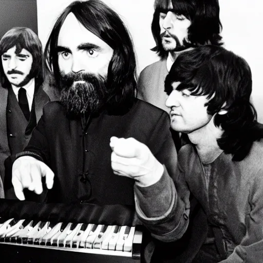 Image similar to charles manson playing keyboard with the beatles, 3 5 mm photography, realistic, detailed, uncropped, realistic face,