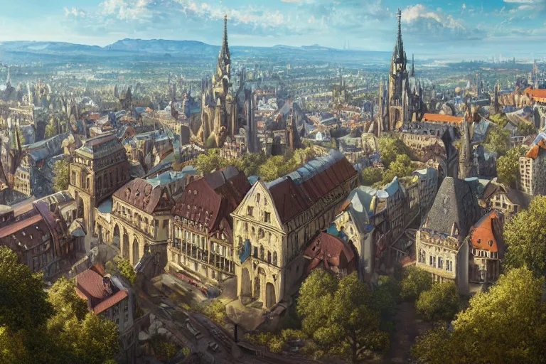 Image similar to an ultra detailed matte landscape painting of an german renaissance capital city built on top of a large hill with many tall spirally towers, sweeping vista, german renaissance architecture, ultrawide lens, aerial photography, 8 k, volumetric lighting, smooth, highly detailed, digital illustration, art by greg rutkowski and akira toriyama and artgerm