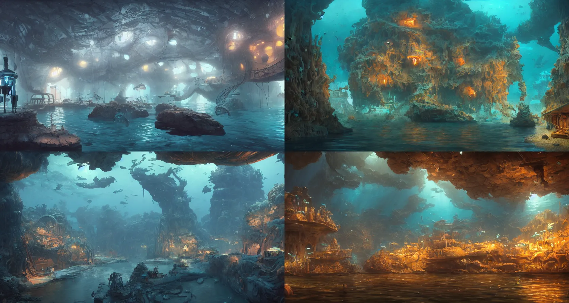 Prompt: a beautiful detailed matte painting of underwater museum by alejandro burdisio, by greg tocchini, by james gilleard, dynamic lighting, bioluminescence, vibrant, clean, ultra detailed, sharp, digital detailed environment, octane render, cgsociety, 8 k hdr, artstation