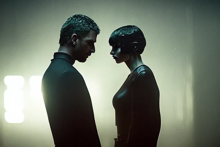 Image similar to film still of closeup beautiful russian models couple closeup in blade runner 2 0 4 9, cinematic, moody, gritty neon noir by emmanuel lubezki