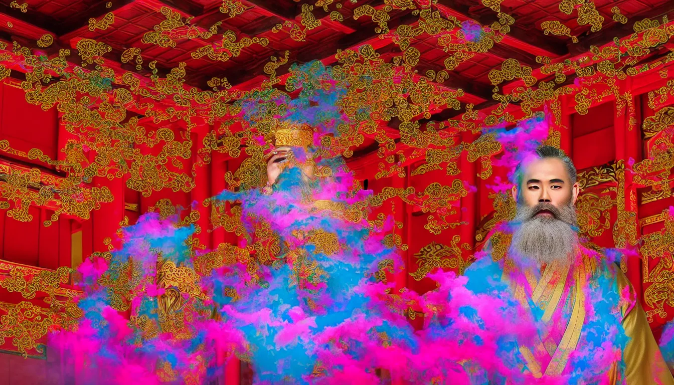 Image similar to burst powders ,volumetric lighting, twisting vapour ,flowing shimmering brilliant colourful fabrics, emerging sounds and an ancient male bearded face , inside a huge traditional Japanese Royal ornate temple , full colour , upscale , 4k