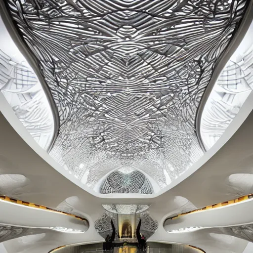 Image similar to extremely detailed ornate stunning beautiful futuristic museum lobby interior by Zaha Hadid