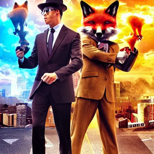 Image similar to hdr quality poster for an action movie fearing cool looking anthropomorphic male foxes in suits stealing fried chicken, promotional media