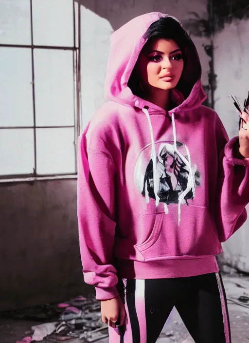 Image similar to kylie jenner doing graffiti in a derelict room, dust mist, rear-shot, pov from behind, tight white leggings with a pink hoody with hood up, mold, greenery, intricate, epic lighting, cinematic composition, hyper realistic, 8k resolution, unreal engine 5