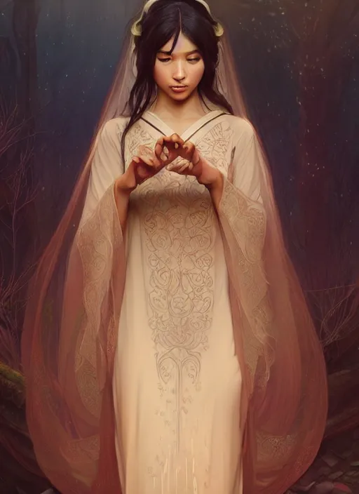 Image similar to cute brown woman wearing a transparent night gown and hanfu face veil, fantasy, intricate, highly detailed, digital painting, artstation, concept art, wallpaper, smooth, sharp focus, illustration, art by artgerm and greg rutkowski and alphonse mucha