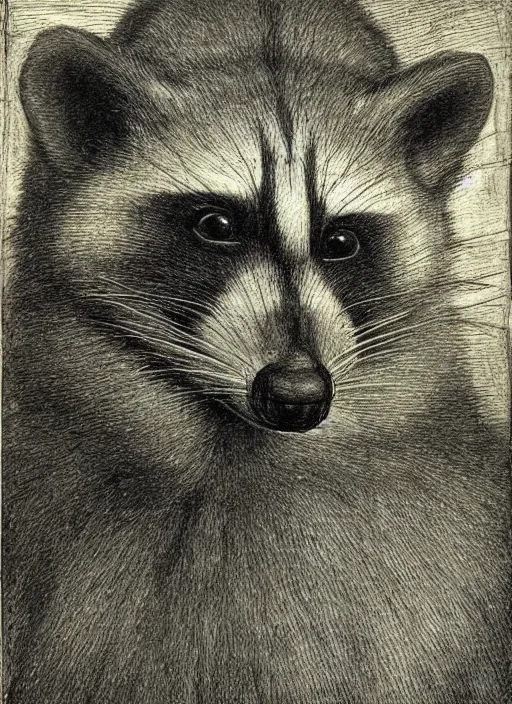 Image similar to self portrait of a racoon in the style of Leonardo Da Vinci, very detailed, drawing