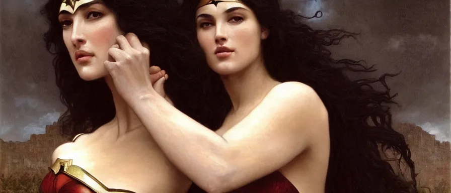 Image similar to Painting of Monica Bellucci as Wonder Woman. Art by william adolphe bouguereau. Extremely detailed. Beautiful. Award winning.