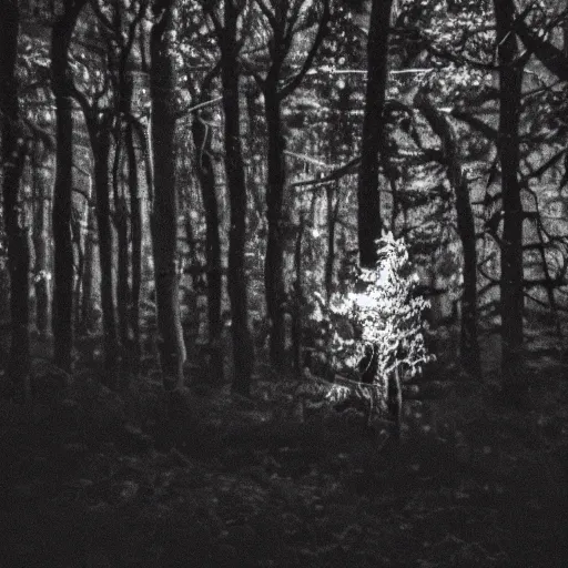 Image similar to a black and white blurry phone photo of a monster in a forest at night