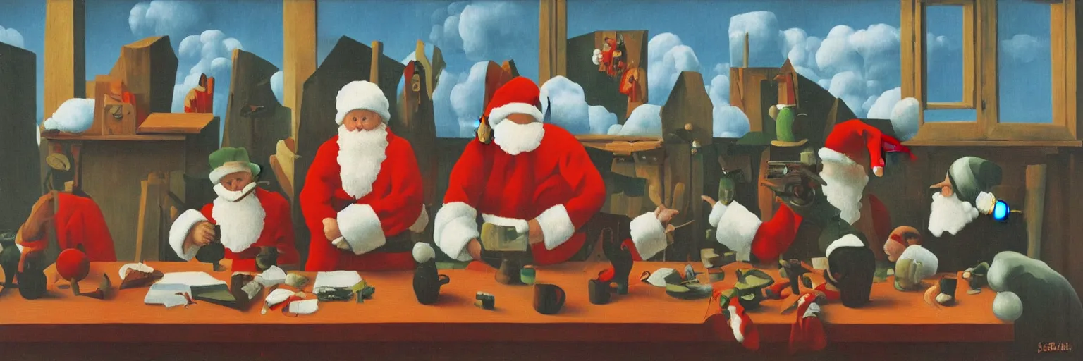 Prompt: santas workshop oil painting magritte