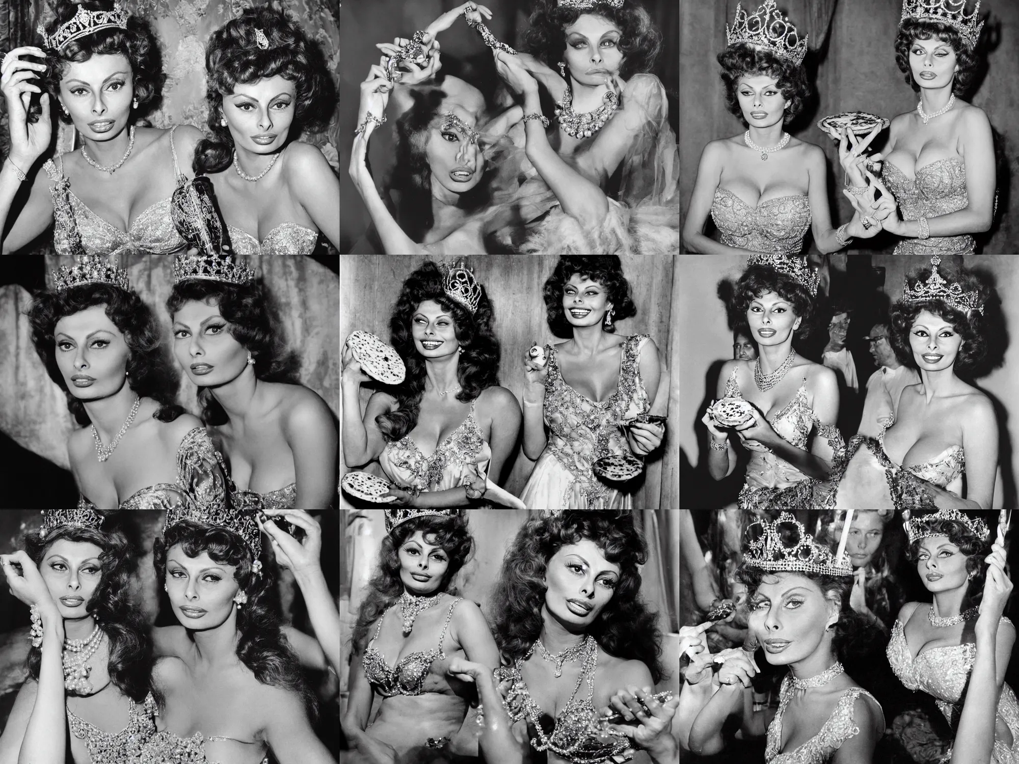 Prompt: a photo of young sophia loren, posing as a queen, wearing tiara, pearl necklace, intricate gown, holding up a pizza!!!! margherita!! to the camera, beautiful, stunning, golden lighting, exquisit detail, masterpiece, burlesque photo by letizia battaglia