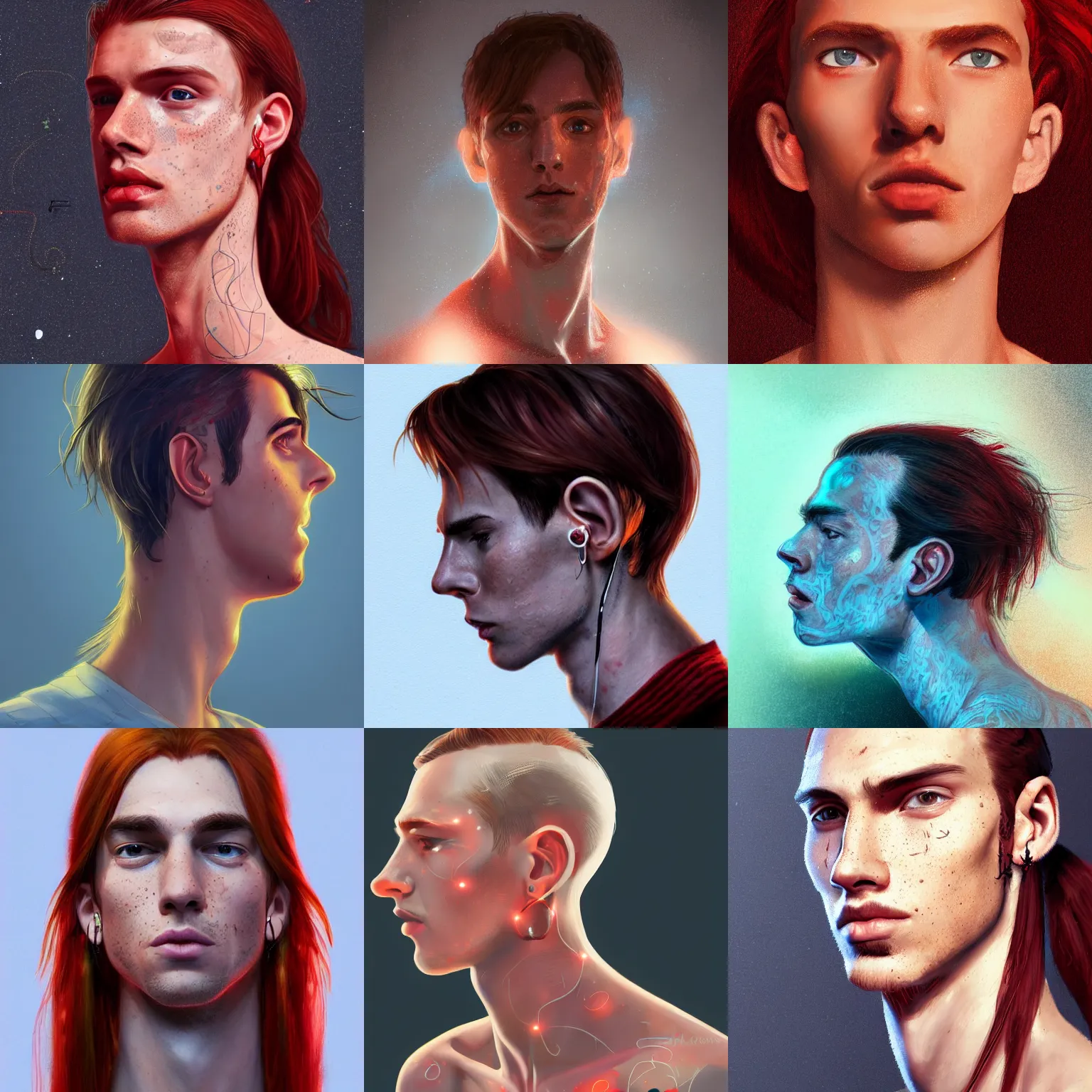 Image similar to portrait of a thin young man with long red hair, ponytail, a lot of freckles on his face, an earring, intricate, elegant, glowing lights, highly detailed, digital painting, artstation, concept art, smooth, sharp focus, illustration