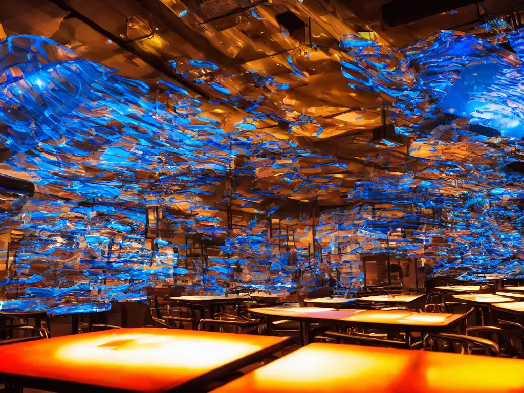 Prompt: visors with curved translucent screens playing detailed sci - fi art ( 2 0 4 2 ), pixel perfect photograph, high contrast, volumetric lighting, thin glowing lights, restaurant, chairs, users, pair of keys