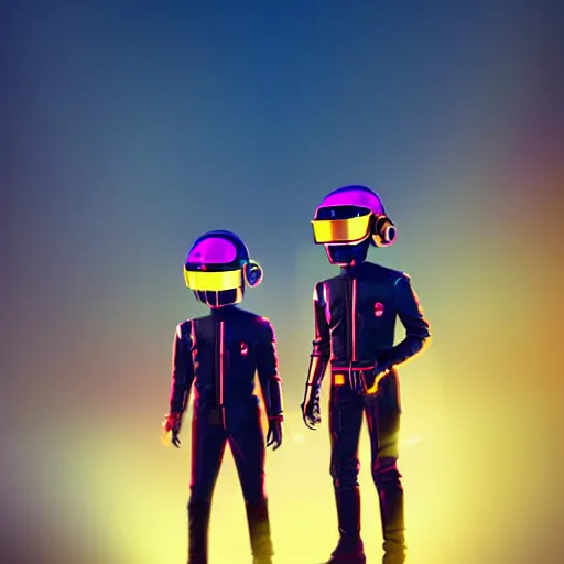 Image similar to miniature daft punk kids standing back to back, twilight zone background, illustration, artgerm, octane render, inspired by Greg rutkowski, colorful, studio lighting, full body,