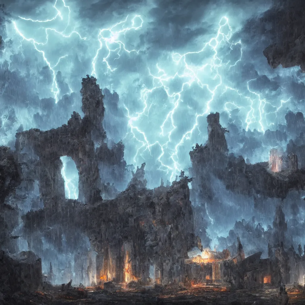 Image similar to a still of a cloaked figure standing in the ruins of crux prime, monastery, there is lightning, blue fiery maelstrom in the distance, it is raining, digital art, artstationhq