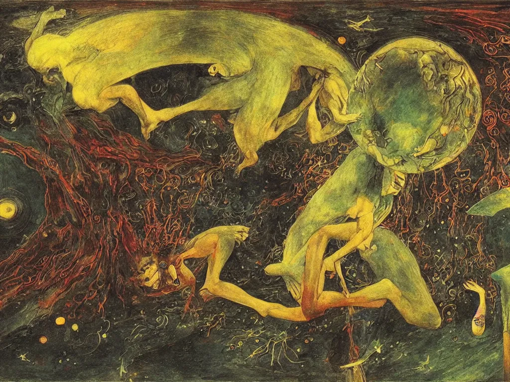 Prompt: cosmic pupil under torrential rain. valley of joy and despair. open manuscript of alchemic insect. painting by max ernst, moebius, arnold bocklin, william blake