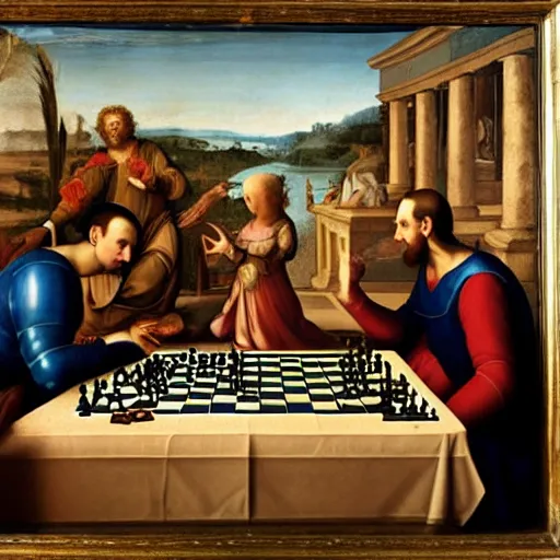 Image similar to a renaissance painting of two aliens playing chess