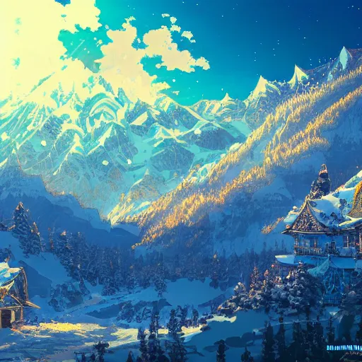 Image similar to the aesthetic view of the beautiful, grand, wistful, dreamy snowcapped mountain at dusk, hyperrealistic anime illustration by iralki nadar, colorful, extremely detailed, intricate linework, super sharp focus, bright colors, octopath traveler, studio ghibli, unreal engine 5 highly rendered, global illumination, radiant light, detailed and intricate environment