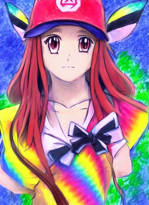 Image similar to a portrait of a female pokemon trainer, rainbow outfit, very anime in impressionist style, anime trending artwork, anime painter studio, by claude monet