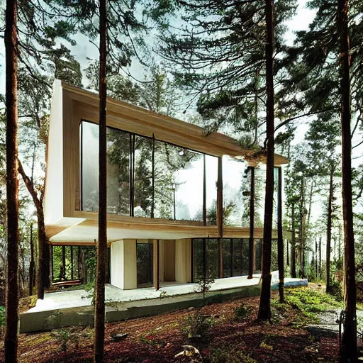 Prompt: “ large openings frame views of the villa's positioning amidst a fir - tree woodland. ”