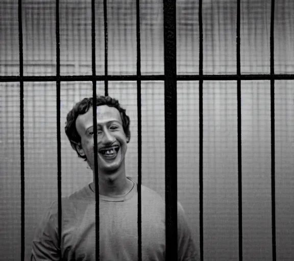 Image similar to Joachim Brohm photo of 'mark zuckerberg laughing behind jail bars', high contrast, high exposure photo, monochrome, DLSR, grainy, close up