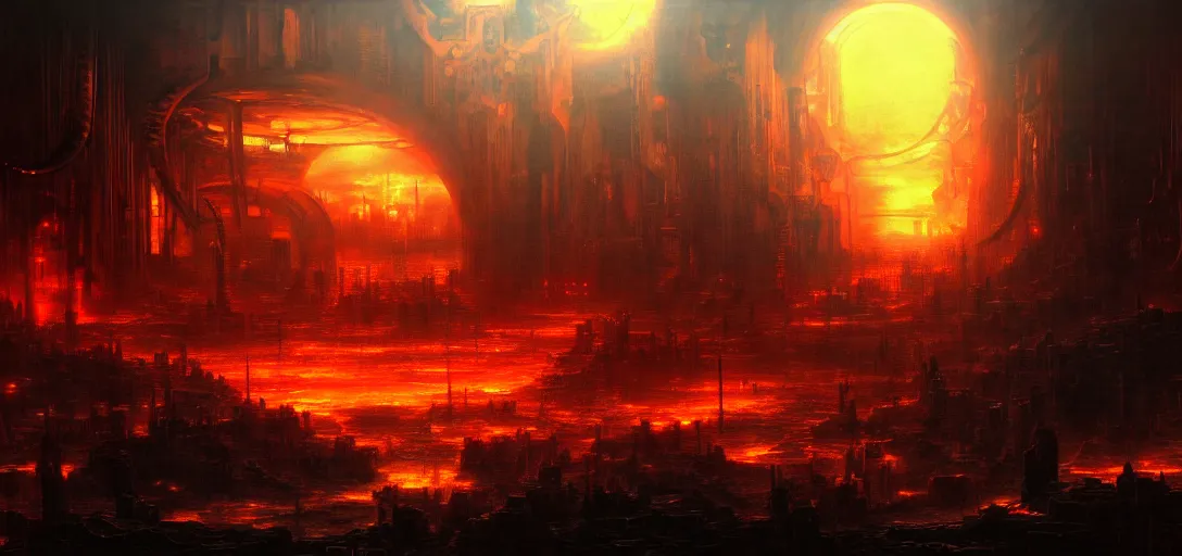 Image similar to baroque oil painting of environment of a hell portal in a cyberpunk world, brutalist, dark fantasy, sunset, rule of thirds, digital cel shading, fake hidden detail, trending on pixiv fanbox