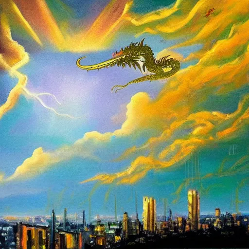 Prompt: beautiful oil painting of golden eastern dragon alone in sky, green lightning, night clouds, above city