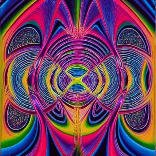 Image similar to A mysterious, psychedelic room. Award-winning artwork by Alex Grey