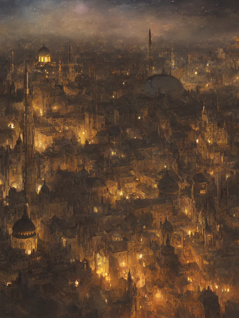 Prompt: a dome - covered city resembling ancient baghdad at night with the sky full of stars, intricate, elegant, highly detailed, digital painting, artstation, concept art, smooth, sharp focus, colored illustration for tattoo, art by krenz cushart and artem demura and alphonse mucha,