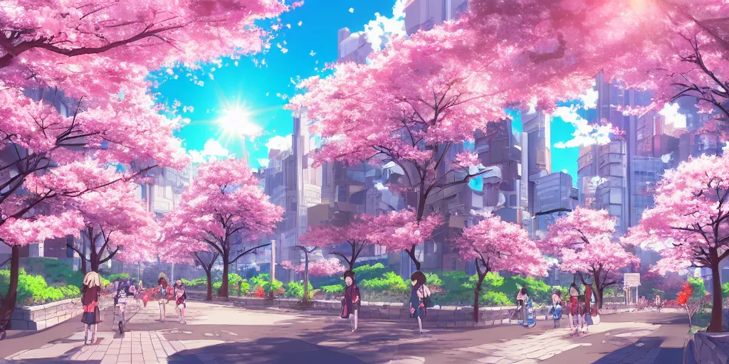 Prompt: anime art style cityscape, spring season anime city with cherry blossoms in the wind, day time sun in the sky, clear weather, japan, detailed and sharp, artstation