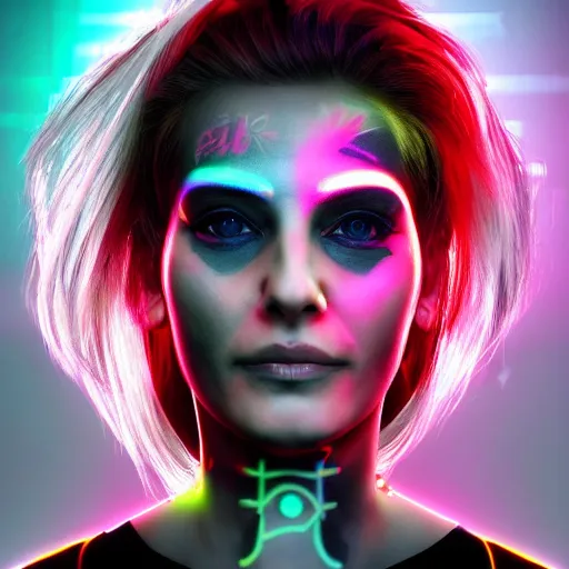 Prompt: Sonia Gandhi, neon face tattoo, cyberpunk background, straight hairstyle, white eyes, blonde hair, realistic render, short hair, unreal engine render, Icaro Carvalho