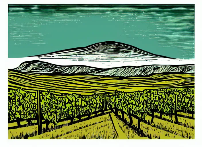 Image similar to wine label template, vector graphic, linocut vineyard landscape by greg rutkowski, fine details, highly detailed