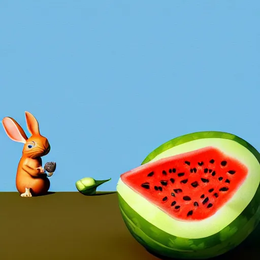 Prompt: Goro Fujita illustrating a rabbit eating a giant watermelon, art by Goro Fujita, sharp focus, highly detailed, ArtStation