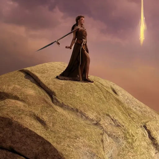 Image similar to a woman with a sword standing in front of a mountain, a character portrait by René Auberjonois, trending on cgsociety, photorealism, reimagined by industrial light and magic, #vfxfriday, anamorphic lens flare