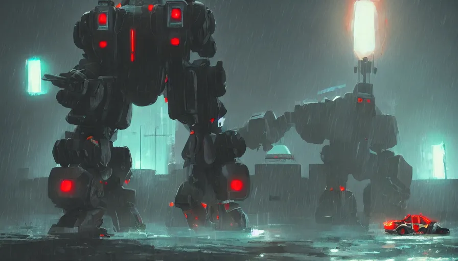 Image similar to a giant robot fighting a giant stone golem in rain, helicopters spotlight, sharp focus, james gilleard, cinematic, game art, extremely detailed digital painting, print