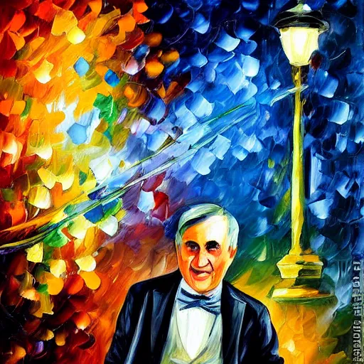 Prompt: painting of Thomas Edison experimenting by Leonid Afremov