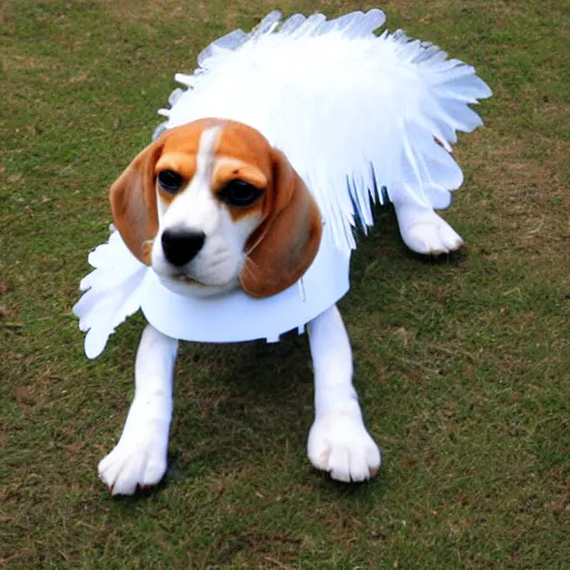 Image similar to Beagle dressed up as an angel.