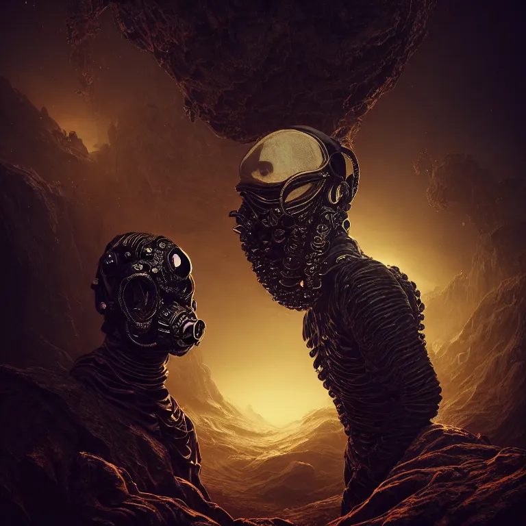 Prompt: portrait of beautiful man wearing black ribbed scorpio as mask, wastelands on exoplanet, baroque painting, beautiful intricate insanely detailed octane render, artstation, 8 k artistic harsh flash photography, photorealistic, volumetric perfect light, chiaroscuro, beeple, annie liebovitz, raphael, caravaggio, rutkowski