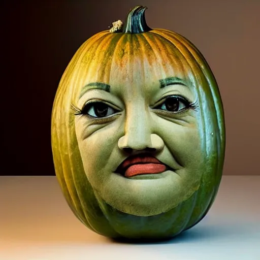 Image similar to a [ gourd ] carved shaped to look like ( amber heard face ) hybrid intercross