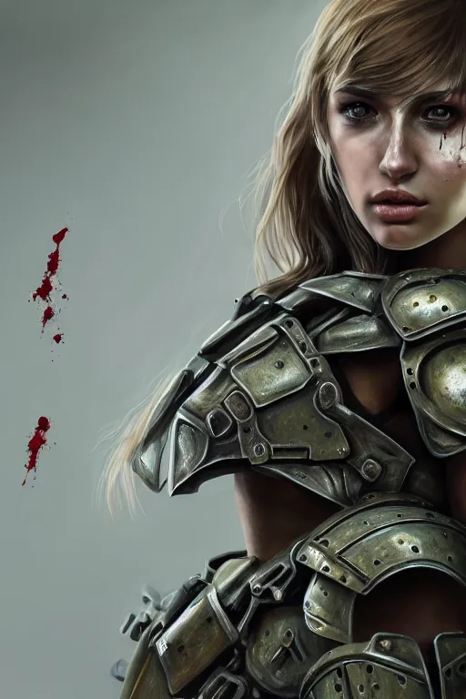 Image similar to a photorealistic painting of an attractive young girl, partially clothed in dirty metal-plated battle armor, a tiny spot of blood, olive skin, long dark hair, beautiful bone structure, symmetrical face, perfect eyes, intricate, elegant, digital painting, concept art, illustration, sharp focus, minimal artifacts, volumetric lighting, from Metal Gear, in the style of Ruan Jia and Mandy Jurgens and Greg Rutkowski, trending on Artstation, award winning