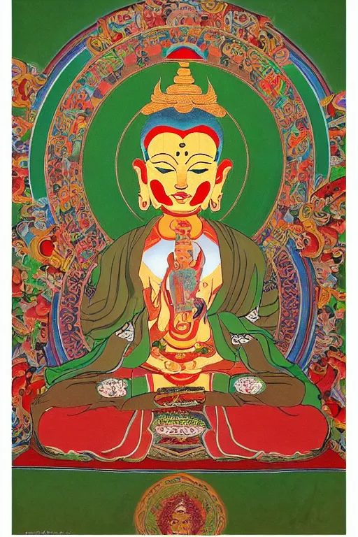 Prompt: A very Beautiful Green Tara Thangka, a geometric figure representing the universe in tibet and Buddhist symbolism, Shine in of the Mandala background by H. R. Giger,portrait,ཐང་ཀ་,ཛཾ་བྷ་ལ།,symmetrical, 8k resolution, photorealistic, high detail ,Unreal Engine, Trending on artbreeder. Green color scheme