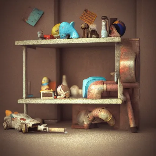 Image similar to antique shelf filled with broken toys. photorealism, soft light, morning. by annie leibovitz, chris foss. hyperrealism, dusty, moody, high detail, artstation, unreal engine, tonal color scheme.