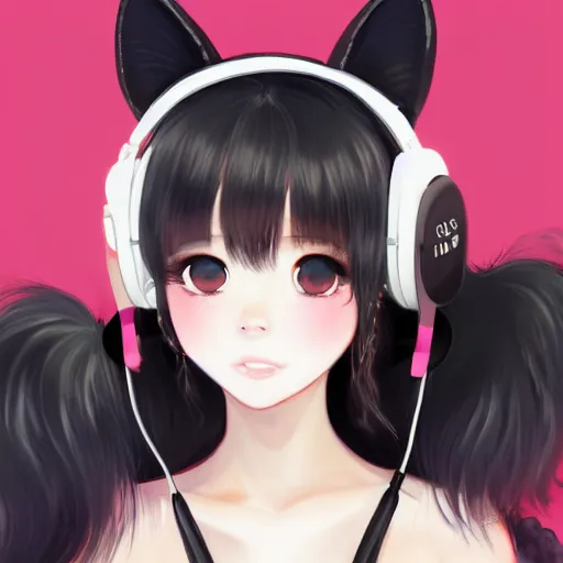 Image similar to realistic beautiful gorgeous buxom natural cute blushed shy girl Blackpink Lalisa Manoban black hair cute fur black cat ears, wearing white camisole, headphones, black leather choker artwork drawn full HD 4K highest quality in artstyle by professional artists WLOP, Taejune Kim, Guweiz on Pixiv Artstation