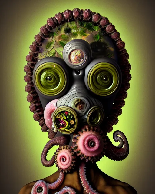 Prompt: a biomorphic portrait with with large eyes, expressive, wearing a botanical gas mask, baroque painting by mark ryden and arcimboldo, cephalopod, mixed media 3 d collage, focus on head, soft light, 4 k, octane high quality render