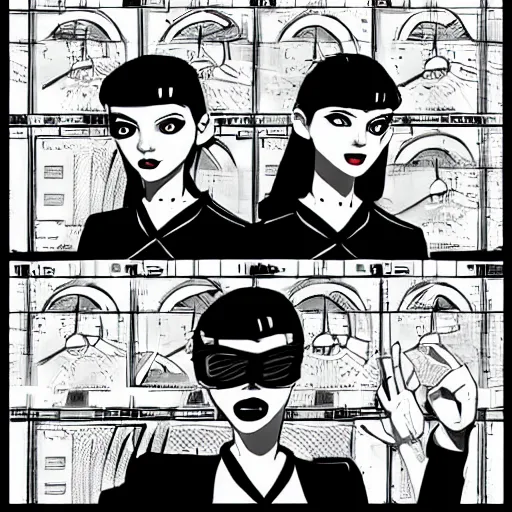 Image similar to twin sister models hacking into the mainframe of the pentagon, in the style of jamie hewlett and riyoko ikeda, black and white, photorealistic, epic, super cool