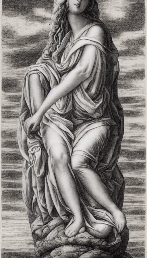 Image similar to the empress by evelyn de morgan, black and white graphite drawing, fertility, nature, sitting in a stone throne