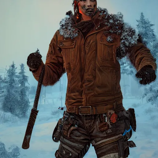 Prompt: A comic book style portrait painting of a male post apocalyptic punk warrior in a winter landscape, unreal 5, DAZ, hyperrealistic, octane render, RPG portrait, ambient light, dynamic lighting