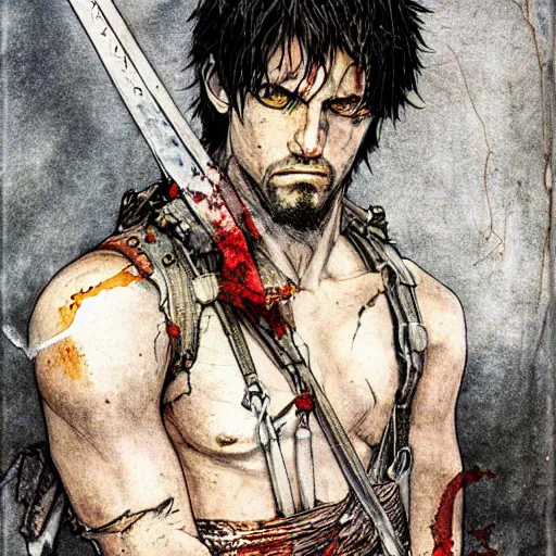 Prompt: self portrait, roman man with battle scar on his chest holding his sword on his shoulder by yoji shinkawa, pencil art, detailed, handsome, colored, bloody