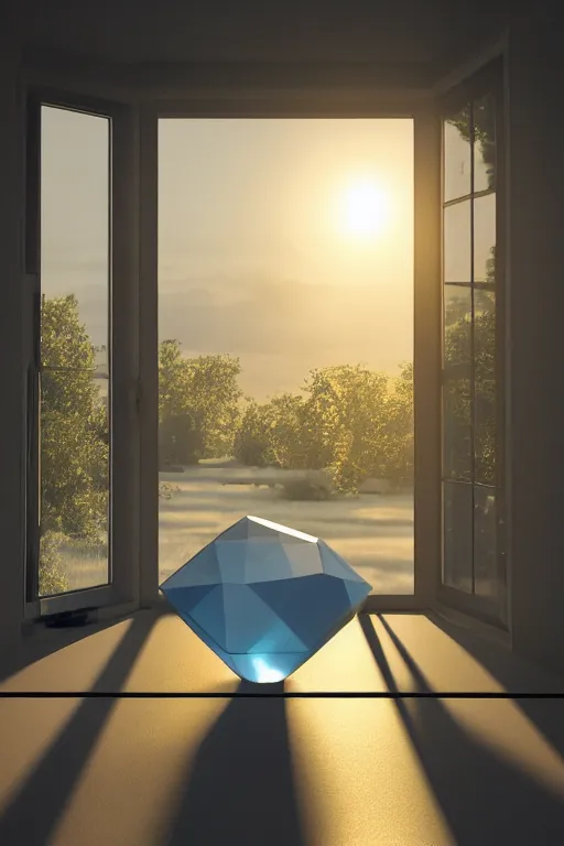 Image similar to a giant cubic crystal on a white table near a window at sunset, hyperrealistic, highly detailed, high qualit, 8K, godrays, warm lighting, path traced, high coherence, calm, macro photo, symmetrical, photorealistic, low contrast, serene landscape, beautiful, geometric, octane render